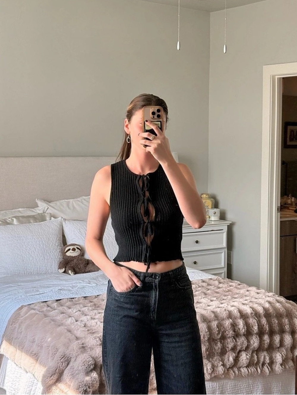 Zara Ribbed Tie-Front Crop Top Black Size Small